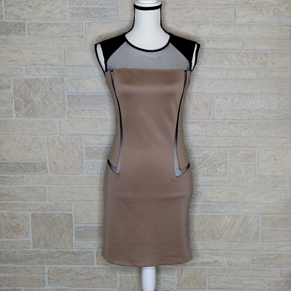 MALLOY BODY CON MESH CUTOUTS FAUX LEATHER DETAILS.